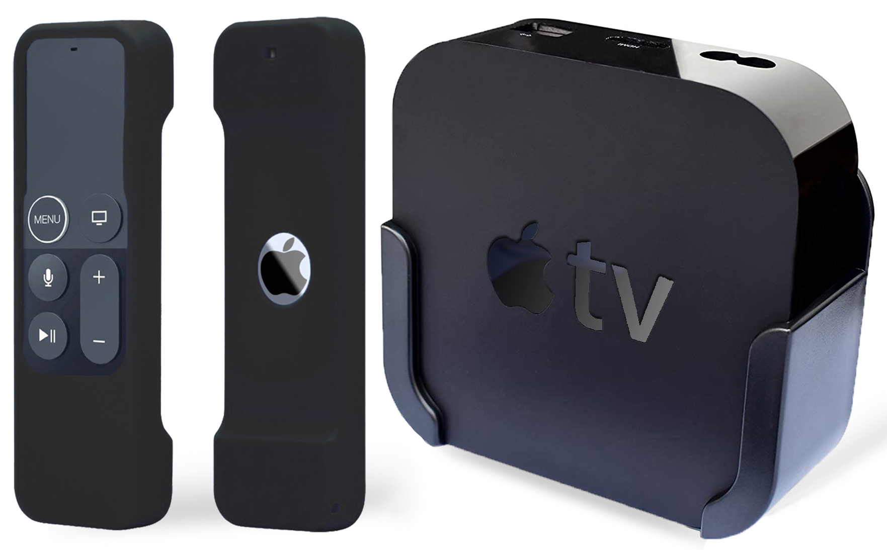 TOKERSE TV Mount with Remote Case Compatible with Apple TV 4th and 4K Generation - Wall Mount Bracket Holder and Siri Remote Silicone Protective Cover Skin Fit for Apple TV 4 HD and 4K 5th Gen - Black
